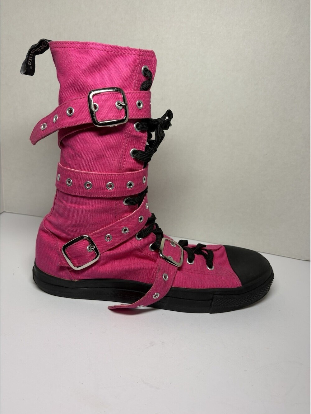 Demonia Deviant 204 Hot Pink Canvas Goth Punk Buckle Boots Mens 12 Wmns 14 RARE